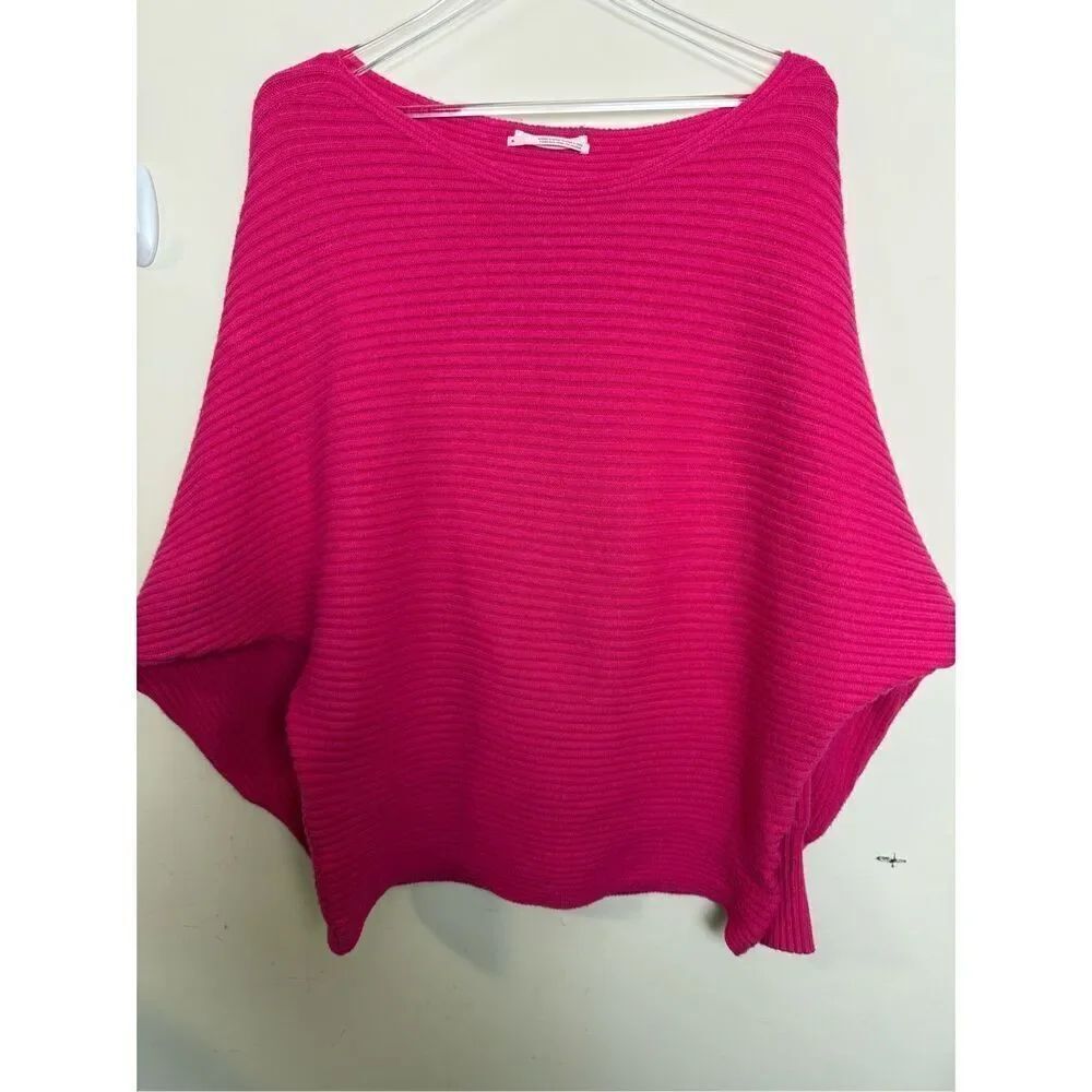 Anthropologie Oversized Ribbed Hot Pink Sweater XL Viscose Dolman Sleeves Barbie